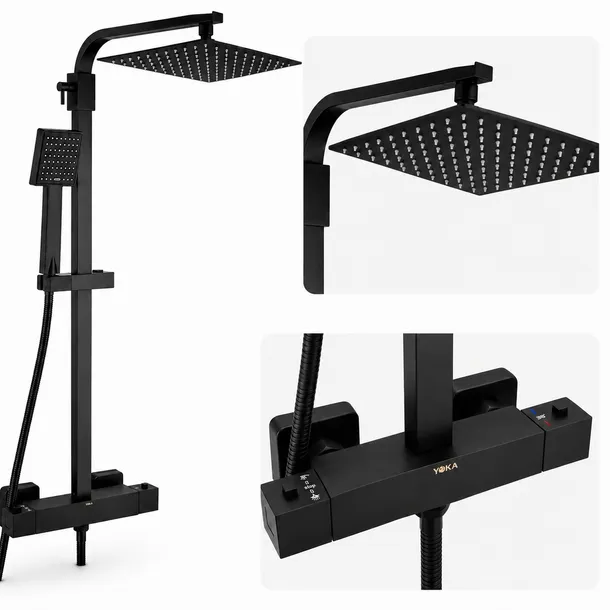 Zestaw prysznicowy z baterią termostatyczną Czarny Mat Deszczownica 25×25 cm Kolumna natryskowa ANTI-CALC