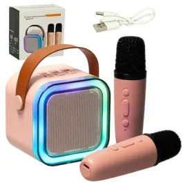zestaw-do-karaoke-2-mikrofony-glosnik-przenosny-bluetooth-usb-led-rozowy