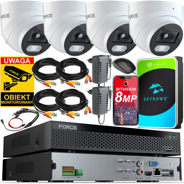 FORCE Zestaw monitoringu 4x Kamera AHD 8MPx 4K, DYSK 1TB, PODGLĄD ONLINE