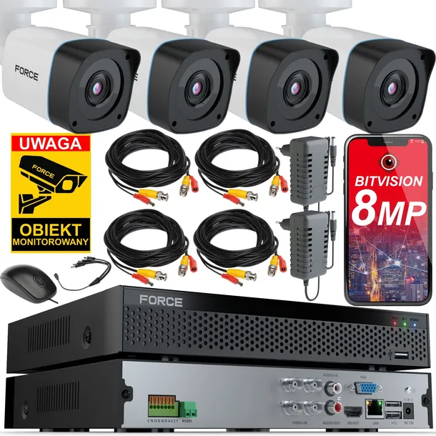 FORCE Zestaw monitoringu 4x Kamera AHD 8MPx 4K, PODGLĄD ONLINE