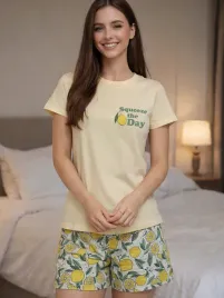 pizama-damska-bawelniana-dwuczesciowa-krotka-koszulka-szorty-print-krem-xl