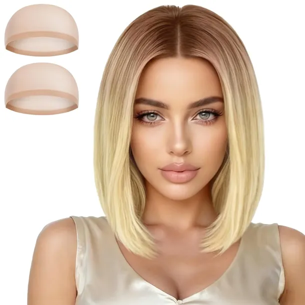 PERUKA KRÓTKA BOB 35CM PLATYNOWA BLOND SIATKA KUCYK IMPREZA HALLOWEEN