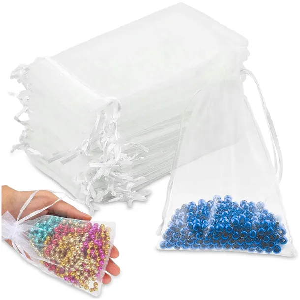 WORECZKI Z ORGANZY 10x15 cm BIAŁE NA CHRZEST PREZENT ŚLUB BIŻUTERIĘ 100 SZT