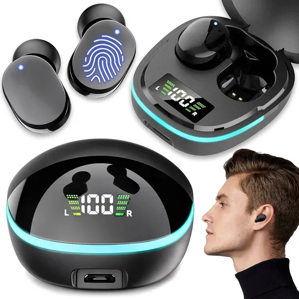 SŁUCHAWKI DOUSZNE BEZPRZEWODOWE BLUETOOTH DOKANAŁOWE POWERBANK CZARNE 5.1