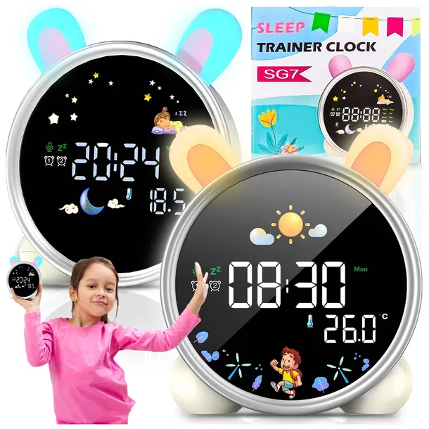 ZEGAR BUDZIK KRÓLIK DLA DZIECI LAMPKA NOCNA LED TIMER BIAŁY SZUM AKUMULATOR