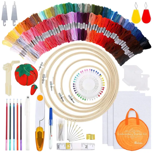 ZESTAW DO HAFTOWANIA HAFTU WYSZYWANIA DIY NICI IGŁY TAMBORKI +124SZT MULINY
