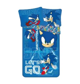posciel-bawelniana-140x200-sonic-lets-go-niebieska-poszewka-70x90