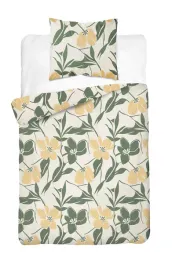 posciel-bawelniana-140x200-kremowa-w-zielone-liscie-i-zolte-kwiaty