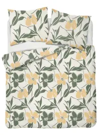 posciel-bawelniana-180x200-kremowa-w-zielone-liscie-i-zolte-kwiaty