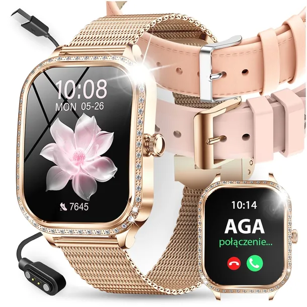 SMARTWATCH DLA KOBIETY DAMSKI ZEGAREK ROZMOWY MENU POLSKIE PULS + 3 PASKI