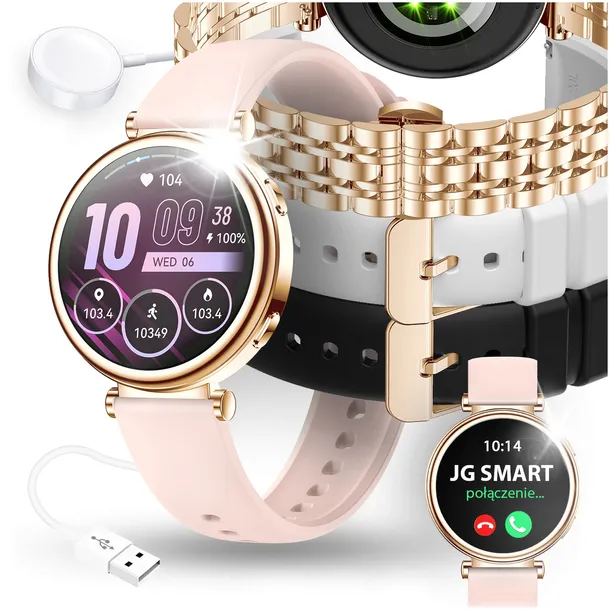 SMARTWATCH DAMSKI ZEGAREK MENU PL ROZMOWY PIĘKNA BRANSOLETA ZŁOTY + 4 PASKI
