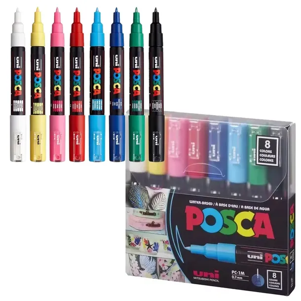MARKERY POSCA ZESTAW 8 SZT PC-1M 0,7 MM Z FARBĄ PLAKATOWĄ MAZAKI PISAKI