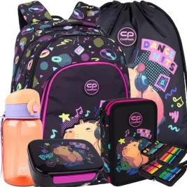 coolpack-plecak-szkolny-mlodziezowy-piornik-worek-5-el-capybara-zestaw