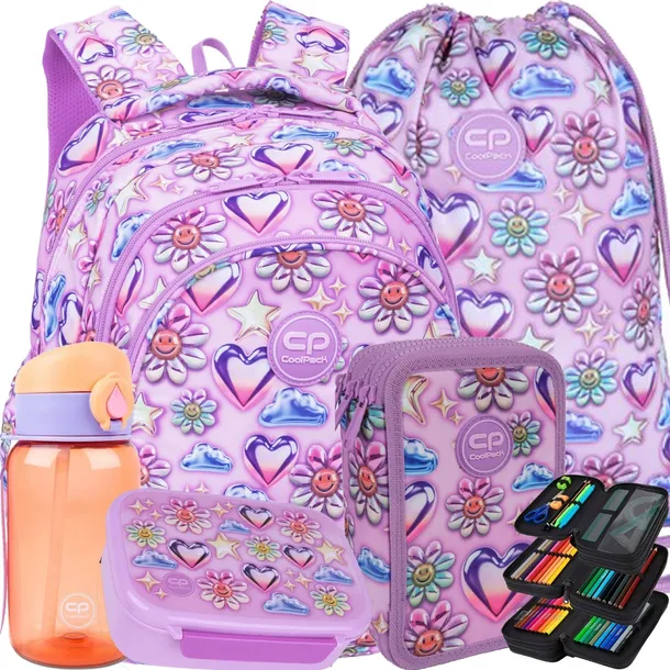 COOLPACK PLECAK SZKOLNY MŁODZIEŻOWY PIÓRNIK WOREK ZESTAW 5 elementów RÓŻOWY