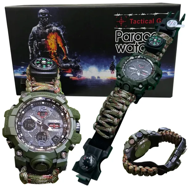 Zegarek taktyczny wojskowy survival 8w1 multitool lina paracord