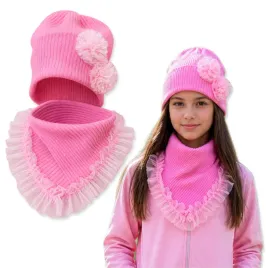 komplet-dziewczecy-54-58-czapka-roze-tiul-chusta-prazek-wiosna-ciemny-roz