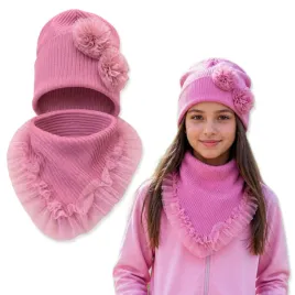 komplet-dziewczecy-54-58-czapka-roze-tiul-chusta-prazek-wiosna-ciemny-puder
