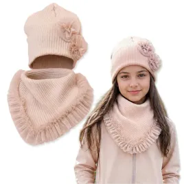 komplet-dziewczecy-54-58-czapka-roze-tiul-chusta-prazek-wiosna-bezowy