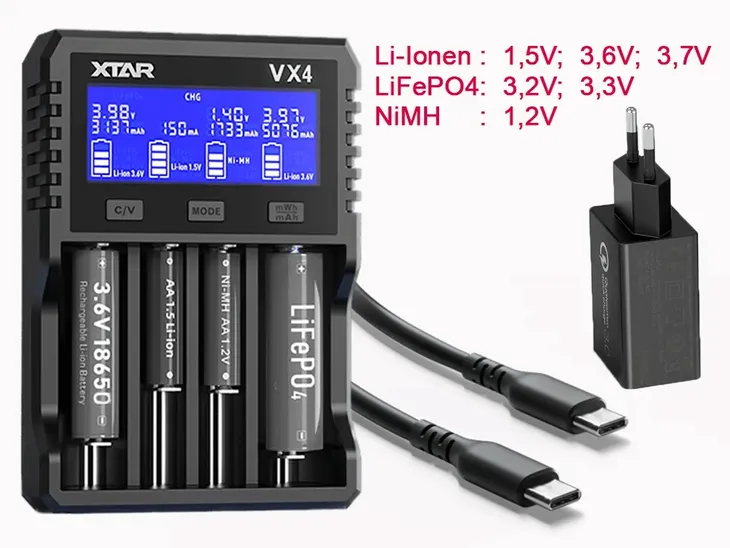 Xtar VX4 V2 Ładowarka z zasilaczem 1,2V 1,5V Li-Ion 3,6/3,7V & LiFePO4 3,2V