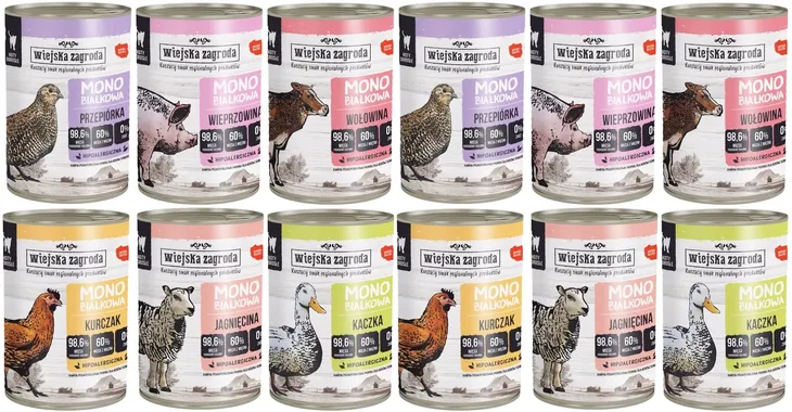 12x400g WIEJSKA ZAGRODA Monobiałkowa Karma mokra kot dorosły MIX SMAKÓW