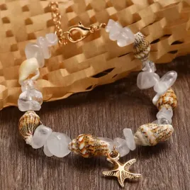 biala-zlota-przezroczysta-bransoletka-muszelki-kamienie-summer-shells