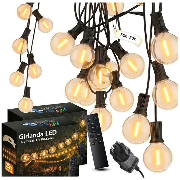 Girlanda Ogrodowa Świetlna 30M 50X Żarówka LED E12 Pilot