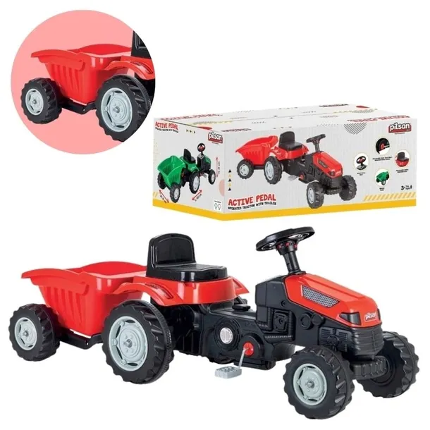 POJAZD DZIECIĘCY CIĄGNIK TRAKTOR Z PRZYCZEPĄ I NAPĘDEM NA PEDAŁY CZERWONY
