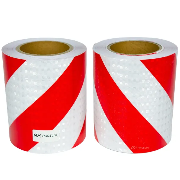 TAŚMA ODBLASKOWA LEWA + PRAWA 2x rolka 25M x 15CM SKOSY BIAŁO - CZERWONE