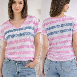 t-shirt-koszulka-bluzka-damska-bawelna-dekolt-v-print-nadruk-paski-roz-m
