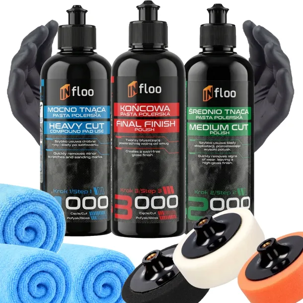 ZESTAW PAST POLERSKICH INfloo POLEROWANIA LAKIERU 3x300ml +MIKROFIBRA+PADY