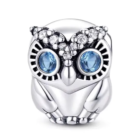 Charms Pandora Srebrny Niebieskooka Lśniąca Mądra Sowa Zawieszka 798397NBCB