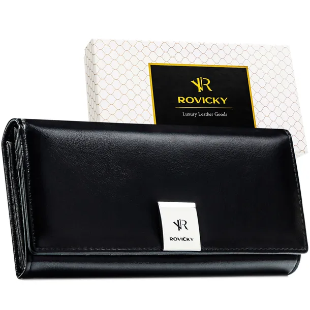 Portfel damski skórzany z RFID Rovicky czarny klasyczny skóra na prezent