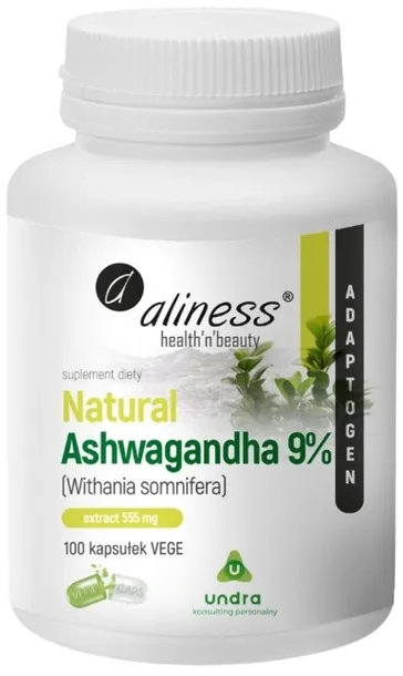 Aliness Natural Ashwaganda 555 mg 9% x 100 Vege caps. Pamięć Nerwy Sen