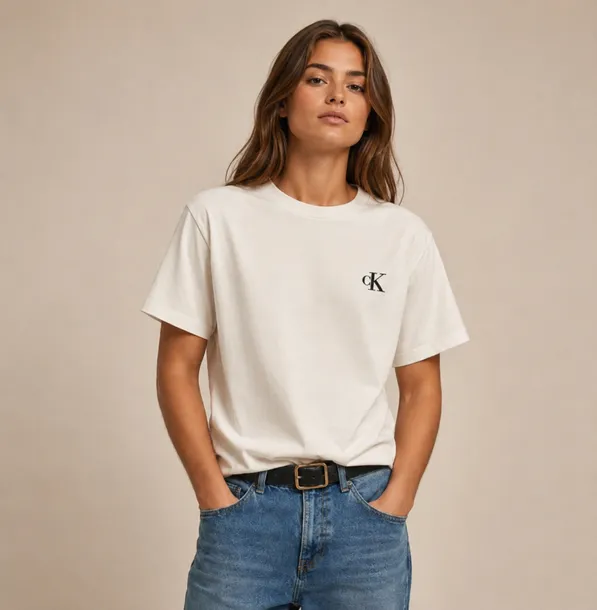 Calvin Klein koszulka damska biały t-shirt z haftowanym logo i okrągłym dekoltem rozmiar M | Idealne na lato!