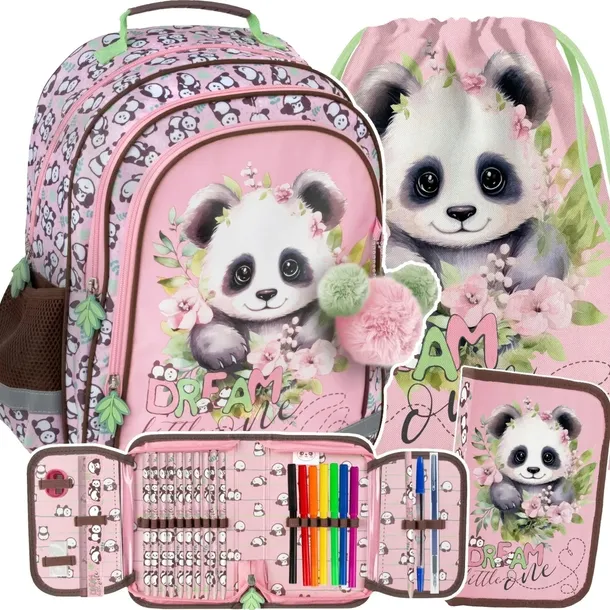 PANDA PLECAK z MISIEM DLA UCZENNIC SZKOLNY DZIEWCZĘCY DO 1 KLASY ZESTAW 3w1