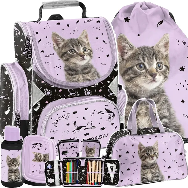 KOMPLET 6w1 TORNISTER SZKOLNY KOT DZIEWCZĘCY Z KOTEM DO 1 KLASY KOTEK CATS