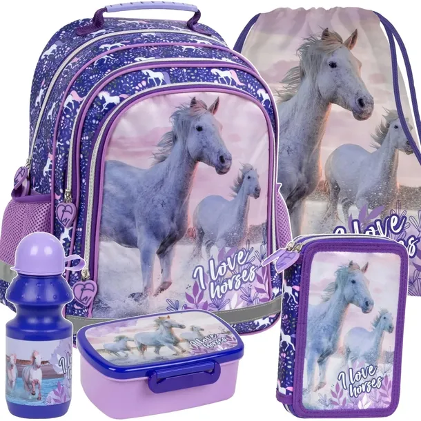 KONIE KOMPLET 5W1 PLECAK DLA DZIEWCZYN SZKOLNY DO PODSTAWÓWKI DERFORM HORSE