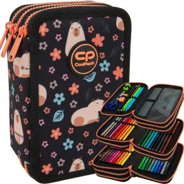coolpack-piornik-szkolny-trzykomrowy-wyposazenie-kredki-pisaki-capybara