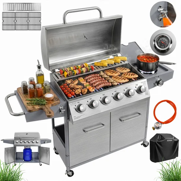 Grill Gazowy Ogrodowy 6+1 BERGMANN Żeliwny 20,3kW Szafka na butlę Pokrowiec