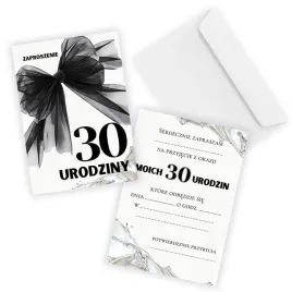 zaproszenia-na-30-urodziny-czarna-kokarda-30-party-koperta-biala