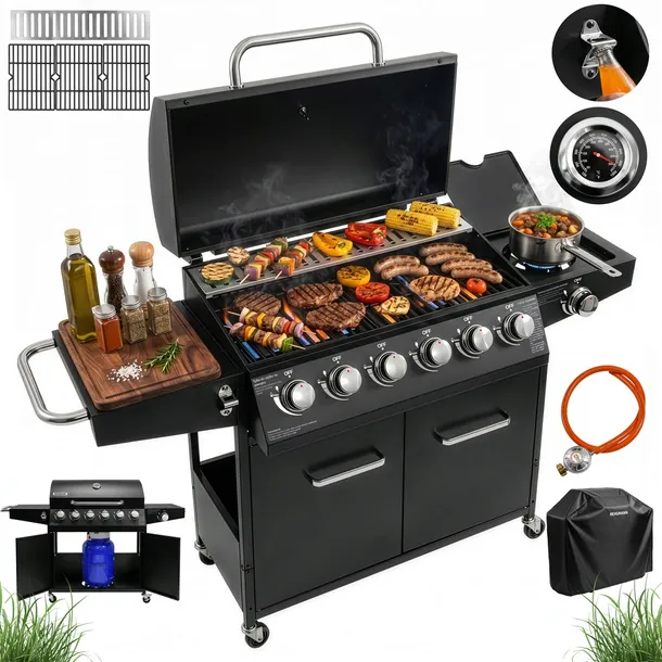 Grill Gazowy Ogrodowy 6+1 BERGMANN Żeliwny 20,3kW Szafka na butlę Pokrowiec