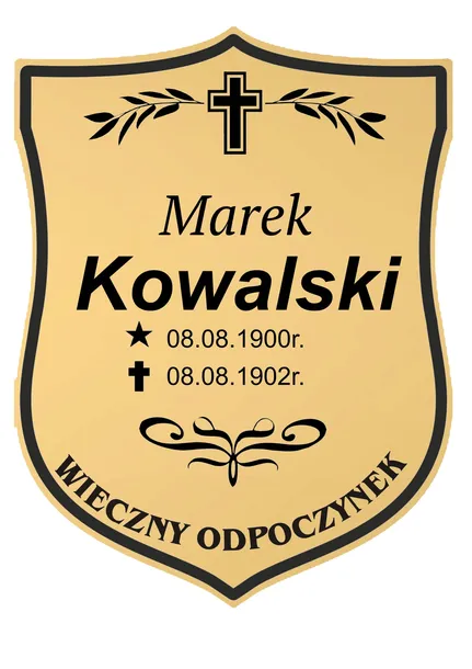 TABLICZKA NAGROBNA| NAGROBKOWA| NA KRZYŻ| ALUMINIUM| 26X20 ZŁOTA- 12 MODELI