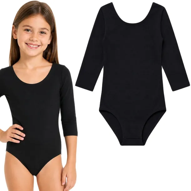 Body gimnastyczne 128 Dziewczęce Balet Taniec 3/4 rękaw Czarne