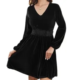 aksamitna-sukienka-damska-elegancka-v-neck-dluga-rekaw-l-czarna