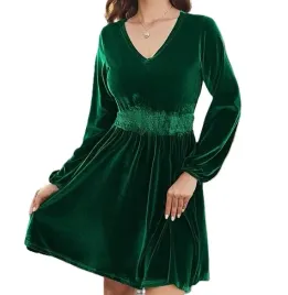 aksamitna-sukienka-damska-elegancka-v-neck-dluga-rekaw-xs-zielona