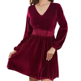 aksamitna-sukienka-damska-elegancka-v-neck-dluga-rekaw-l-bordowa