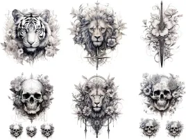 tatuaze-6-arkuszy-beyondtattoos-lew-czaszka-tygrys-miecz