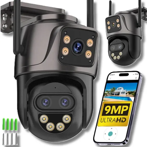 POTRÓJNA KAMERA IP WIFI ZEWNĘTRZNA OBROTOWA 4K 9Mpx ZOOM x8 ALARM ŚLEDZENIE