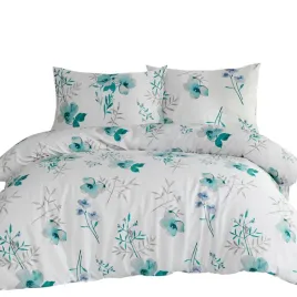 posciel-flanelowa-220x200-biala-turkusowa-kwiaty-liscie-flanelove