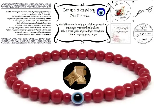 Bransoletka Szczęścia Kamień Koral Oko Proroka Amulet Ochronny 6mm